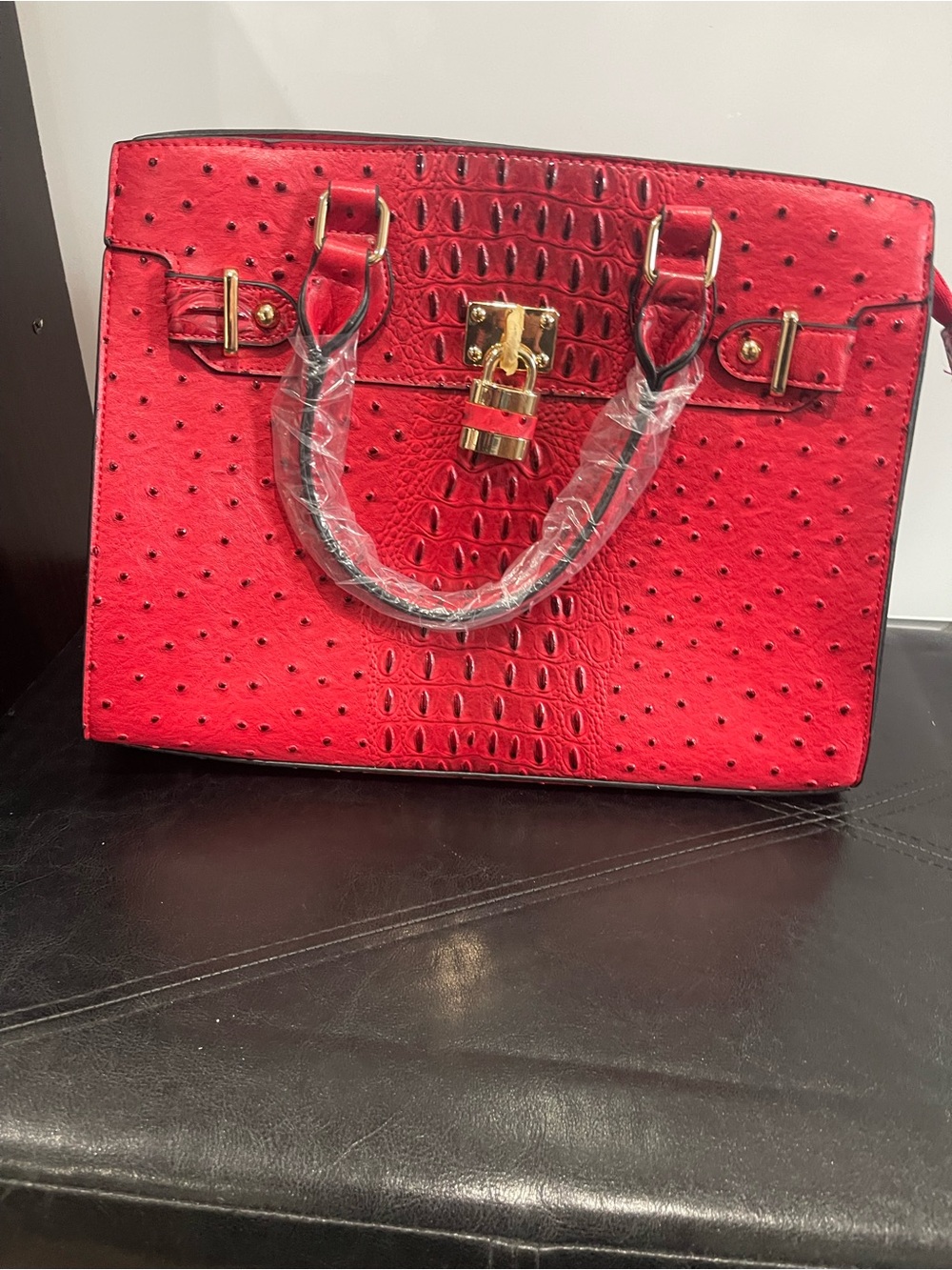 Red Textured Lock-Accent Satchel